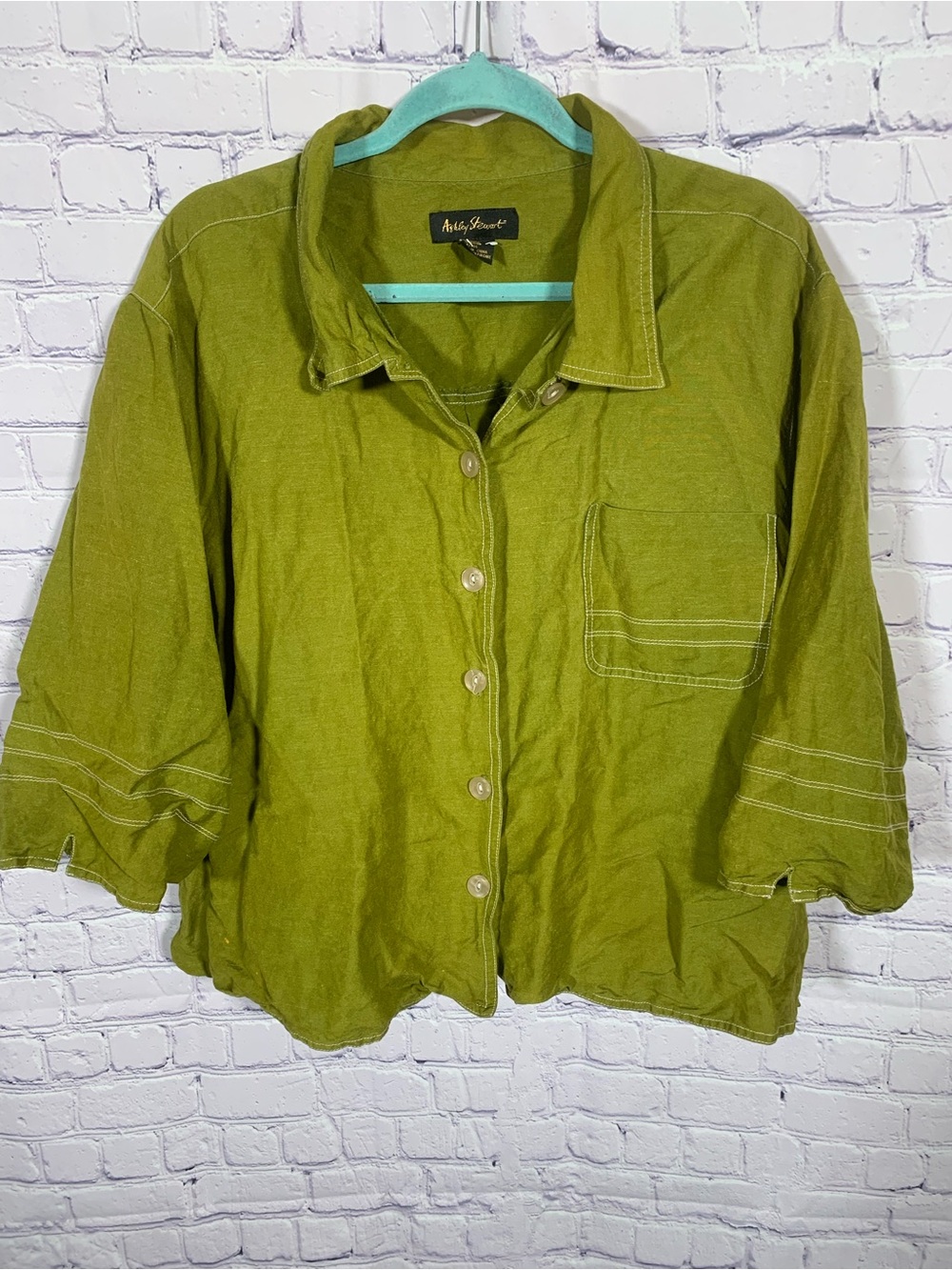 Ashley Stewart Womens Linen Blend Button Down Green Size 26 Forest Fairy Casual